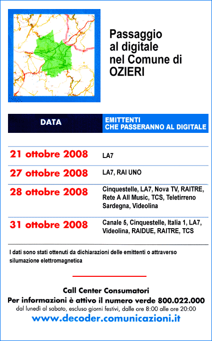 Scheda sintetica sul passaggio al digitale nel comune di Ozieri